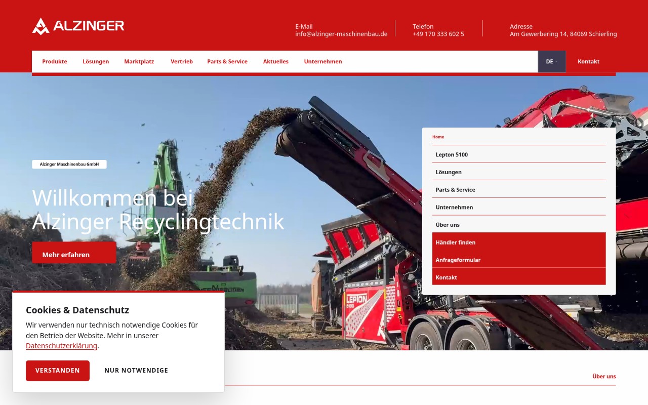 Alzinger Recyclingtechnik — Desktop-Ansicht