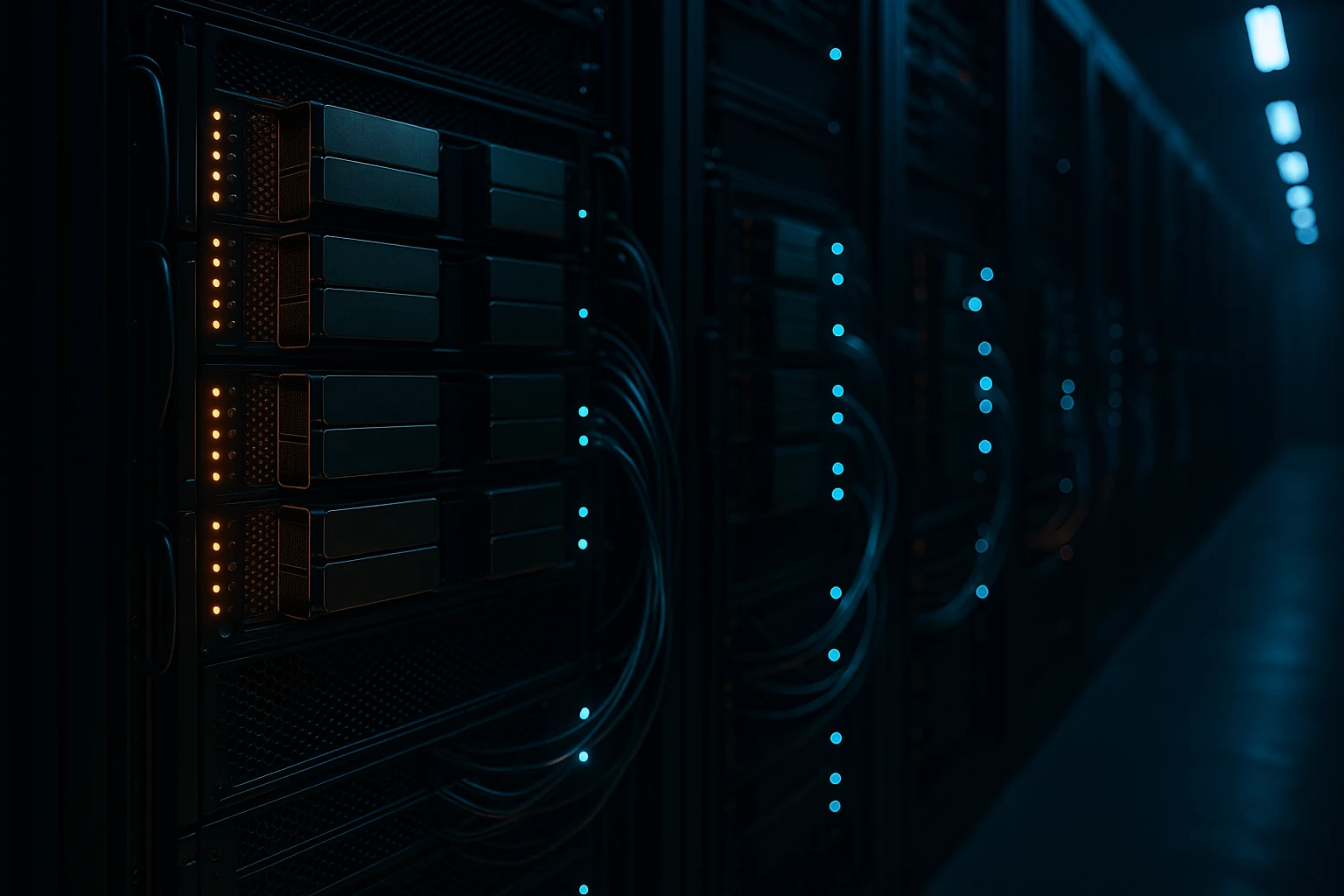 On-Premise Serverraum mit GPU-Racks — Llama 70B analysiert 1,2 Mio Log-Zeilen pro Tag